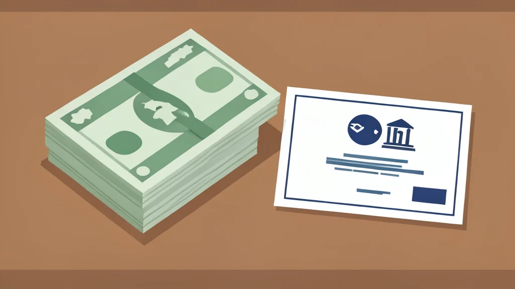 A stack of paper currency and a government bond certificate on a desk