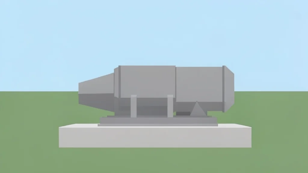 A large industrial gas turbine engine sitting on a concrete foundation in an open field