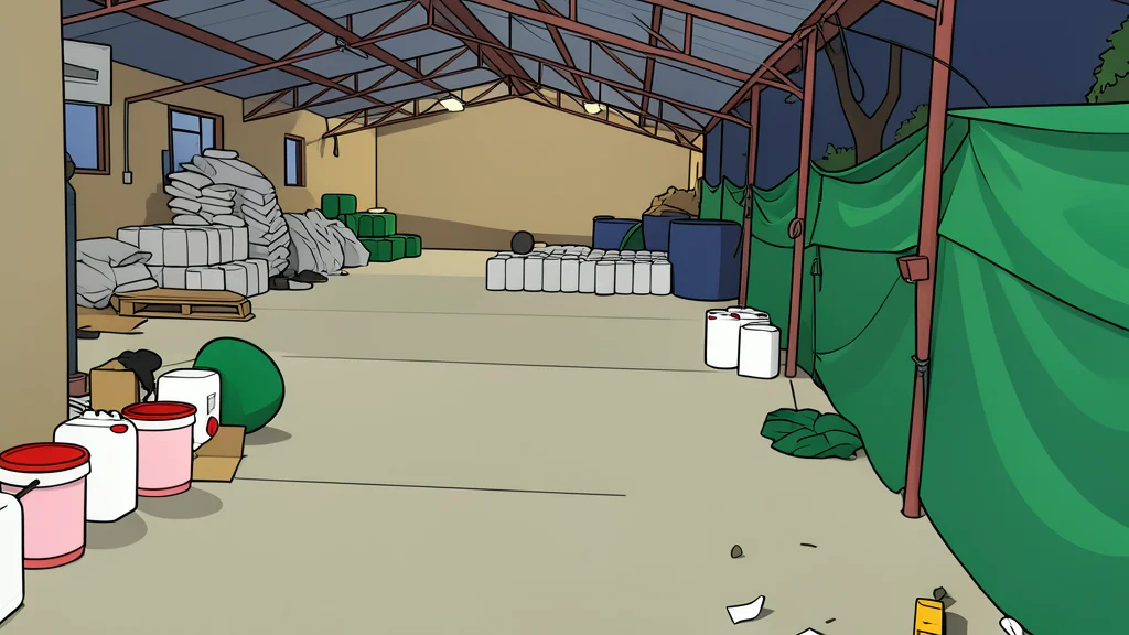 A flat-vector illustration of a rural farm landscape with a small industrial shed in the distance.
