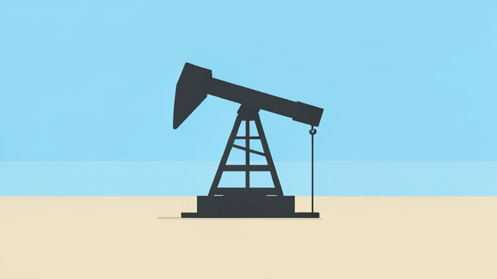 A solitary oil pumpjack standing in a flat, open field under a clear sky