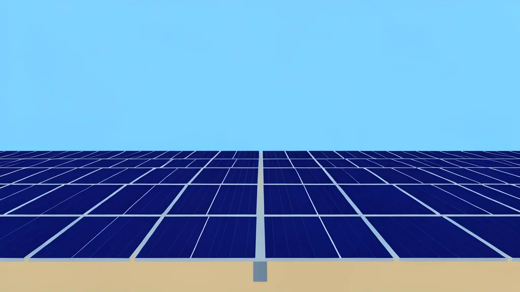 A flat vector illustration of a vast field of solar panels stretching toward the horizon under a clear blue sky.