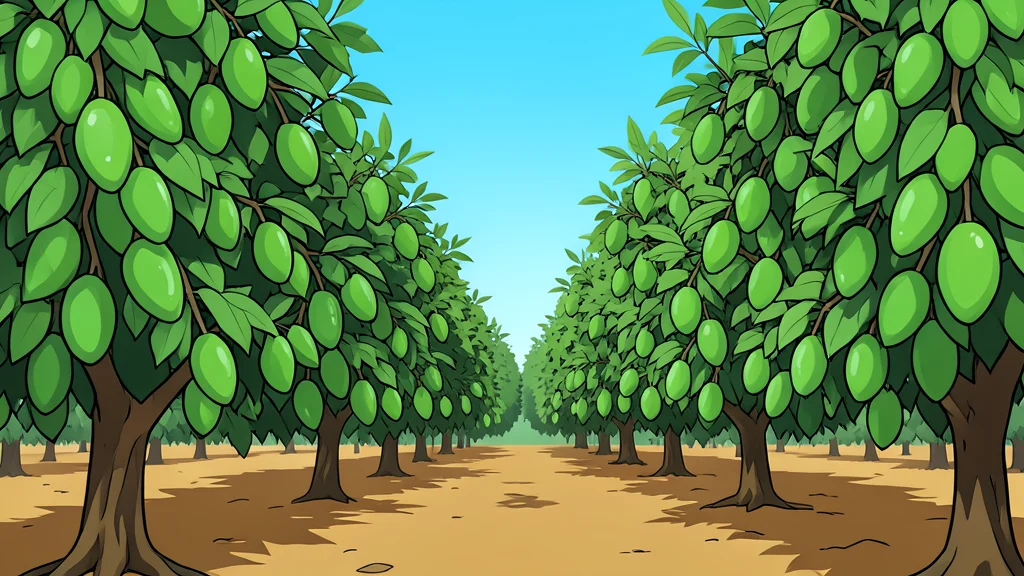 A dense avocado orchard with green fruit hanging from branches under a bright sky
