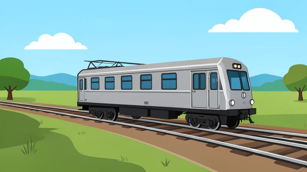 A steel passenger train car traveling on a railway track through a rural landscape