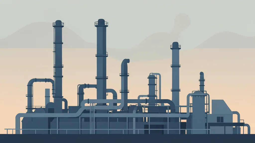 A large industrial refinery complex with tall distillation towers and piping against a hazy sky