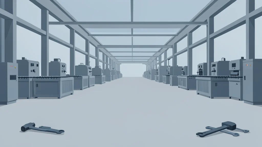 An empty industrial factory floor with rows of idle machinery and scattered tools