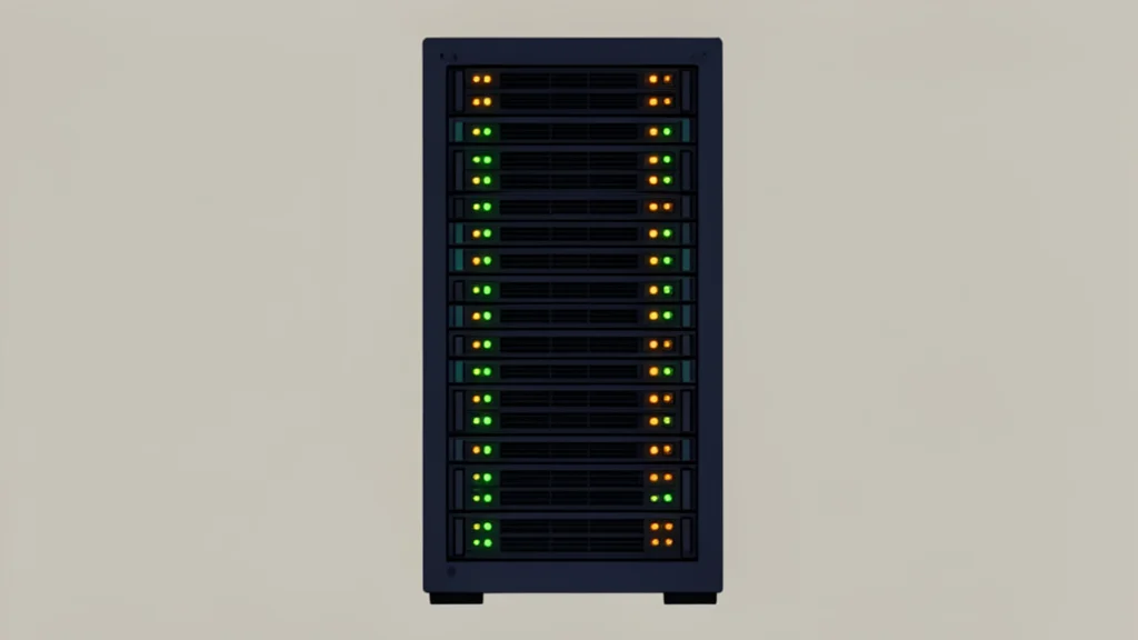A server rack with blinking status lights