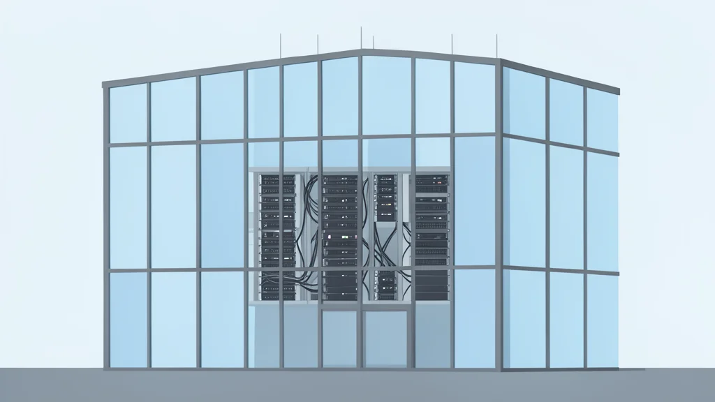 A modern glass office building with a server room visible through the windows