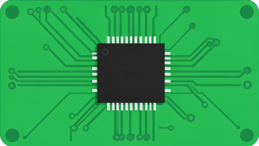 A close-up of a black integrated circuit chip mounted on a green printed circuit board