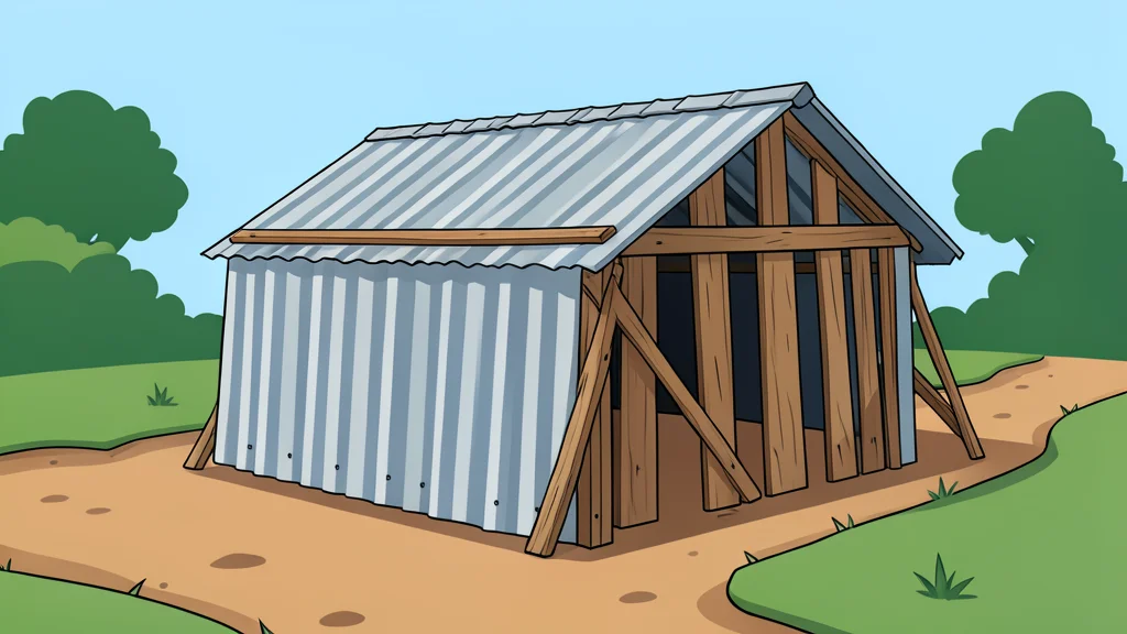 A makeshift shelter constructed from corrugated iron sheets and wooden planks situated on a dirt path