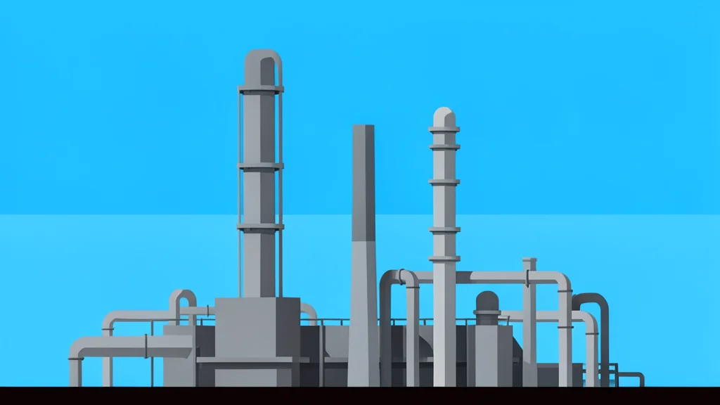 A modern industrial refinery with tall metal towers and pipes against a clear sky
