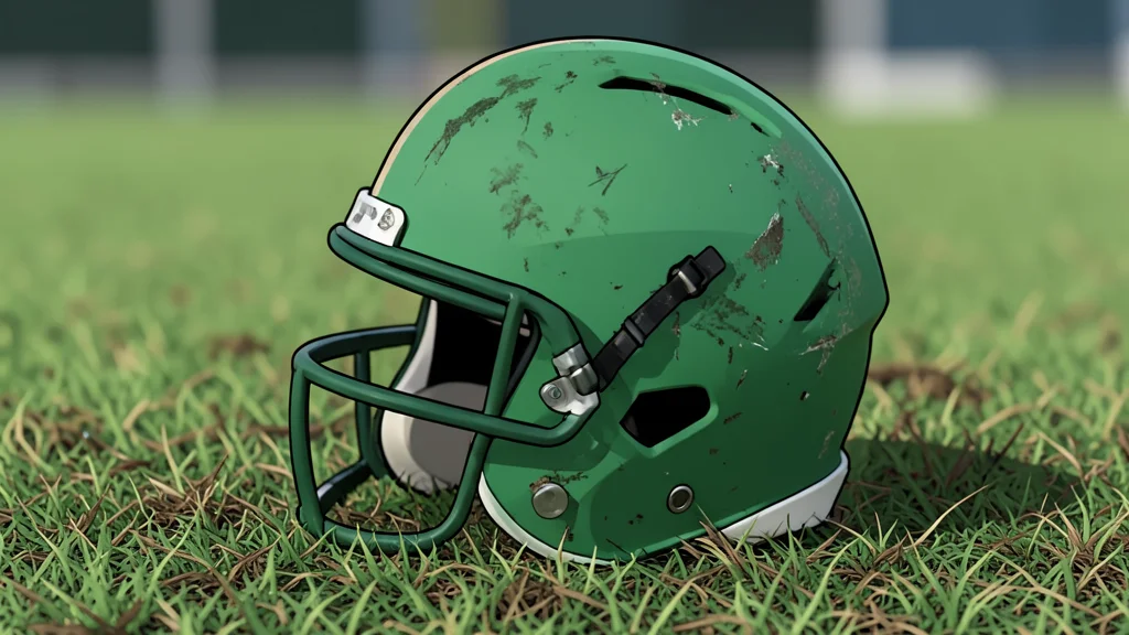 A green football helmet resting on a grassy field