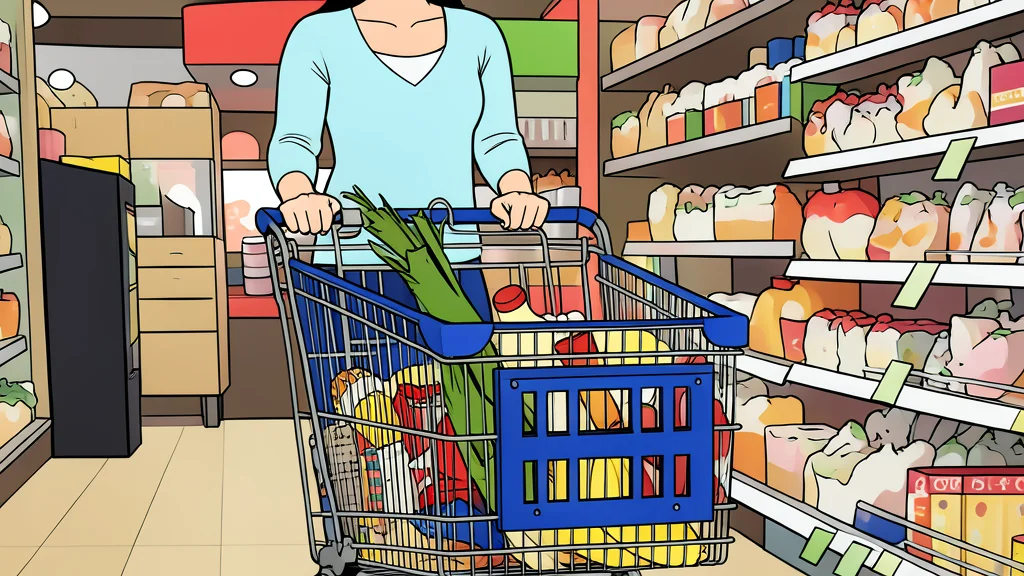 A long aisle in a grocery store lined with shelves of canned goods and household items