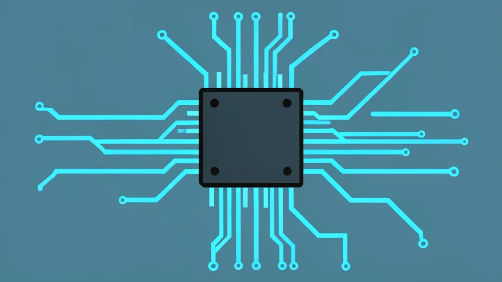 A digital circuit board with glowing blue traces and a central processor chip