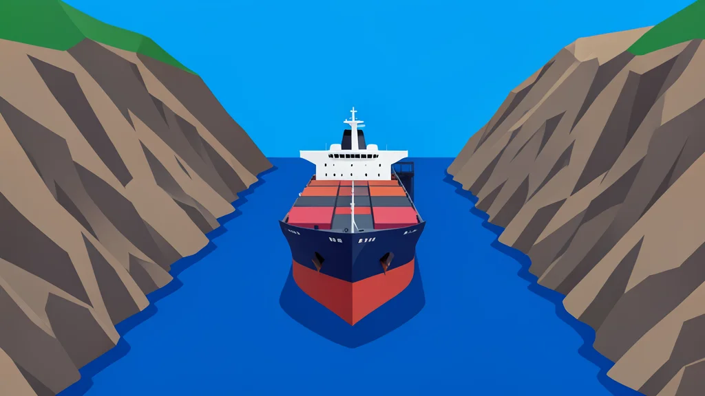 A wide expanse of deep blue sea with a large cargo ship sailing through a narrow strait between rocky coastlines