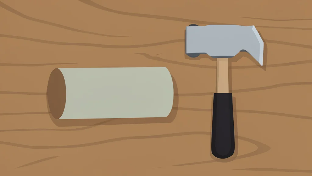 A geological core sample lying on a wooden table next to a geological hammer.