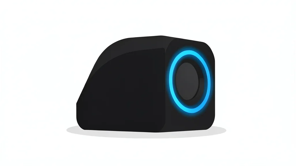A sleek, matte black biometric scanner device with a glowing blue ring around the lens, sitting on a clean white surface.