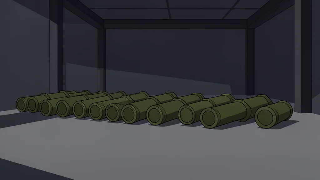 A row of unspent artillery shells resting on a concrete floor in a dimly lit storage facility