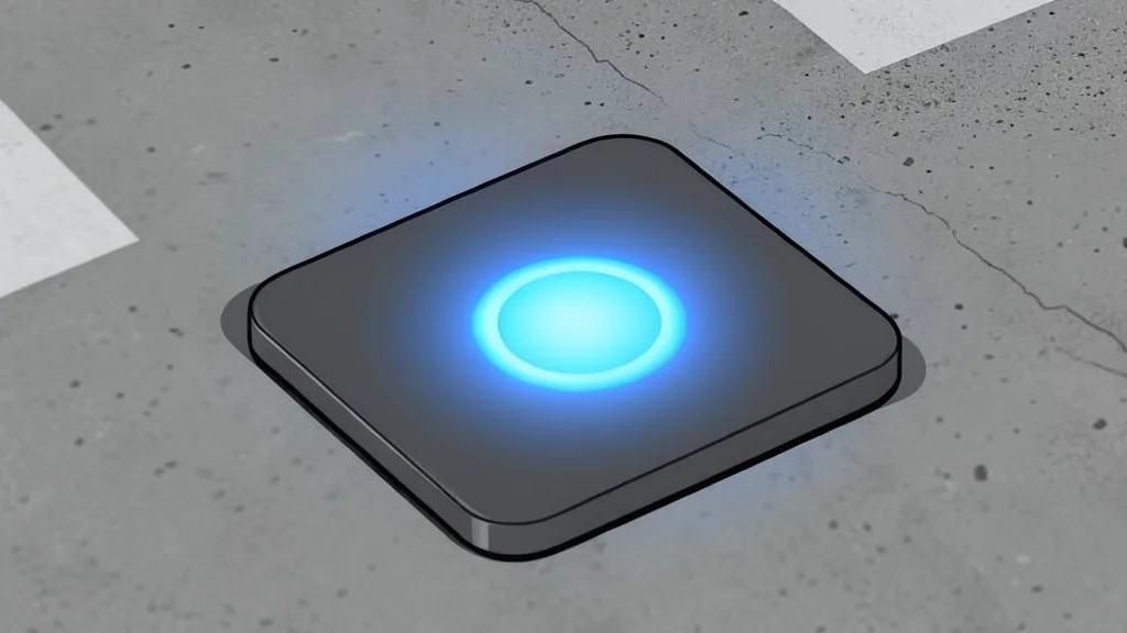 A thin, flat rectangular pad embedded in a concrete surface with a subtle circular pattern in the center