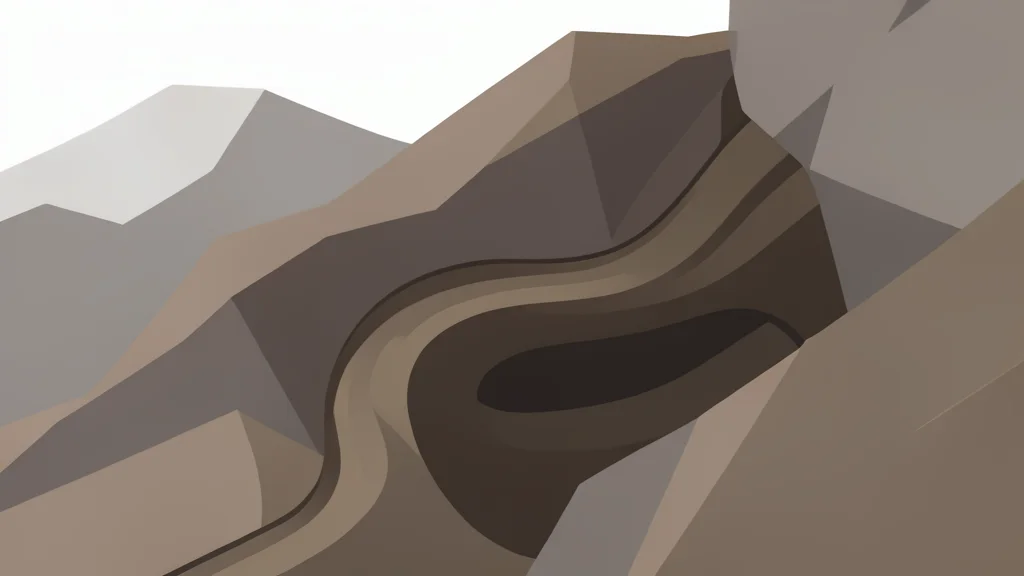 A cross-section view of a deep underground tunnel system carved into a rocky mountain face.