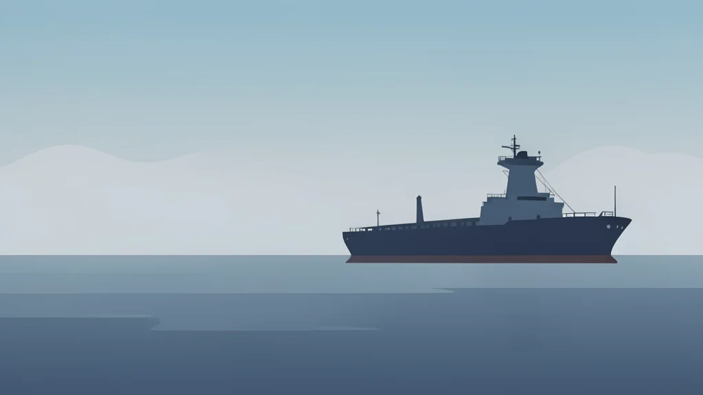 A calm, misty harbor at dawn with a large cargo ship anchored in the distance