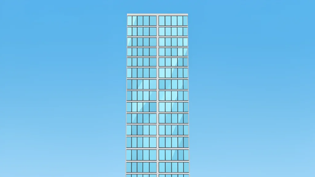 A modern glass skyscraper reflecting the sky