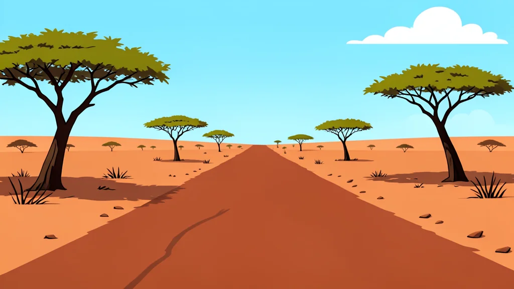A dusty red-earth road stretching through a dry, sparse landscape with scattered acacia trees under a bright sky