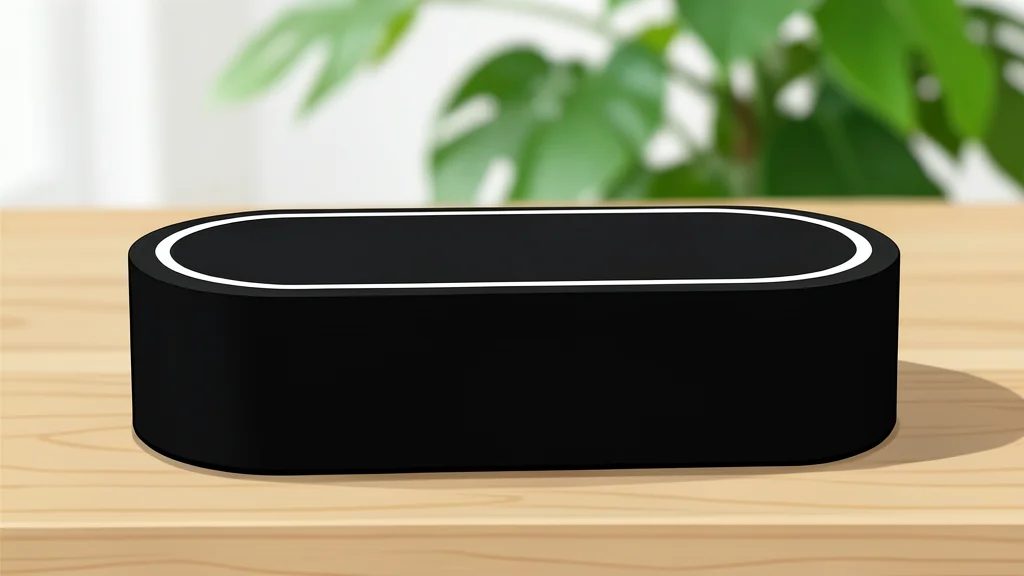 A sleek, matte black rectangular box with a subtle glowing ring on top, sitting on a wooden shelf next to a potted plant.