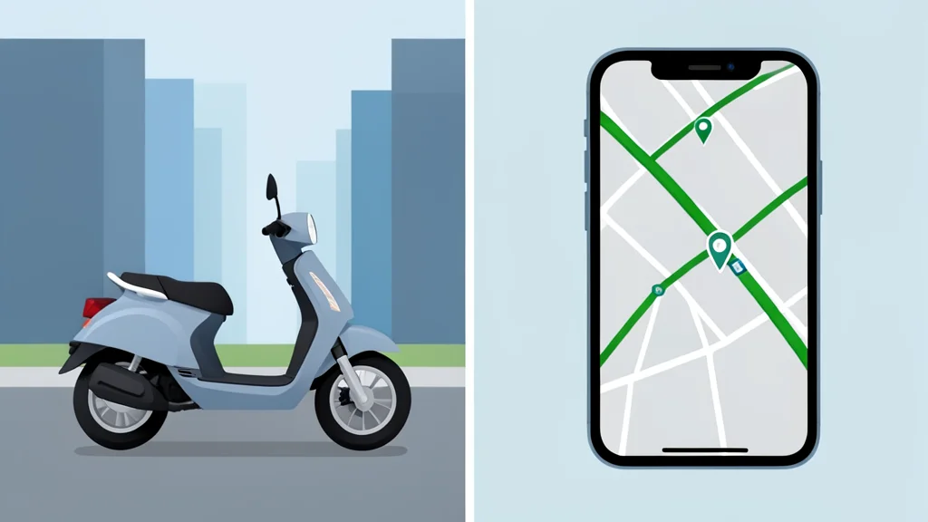 Split view of a modern city street with a delivery scooter on one side and a smartphone displaying a map interface on the other
