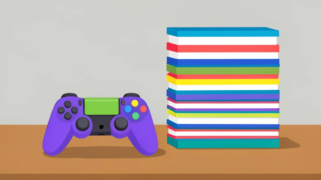 A colorful plastic game controller resting on a wooden table next to a stack of game cases.