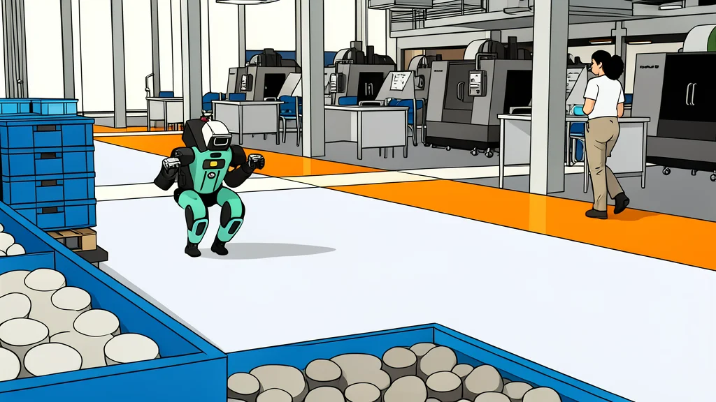 A bipedal robot crouching low in a warehouse aisle near stacked boxes