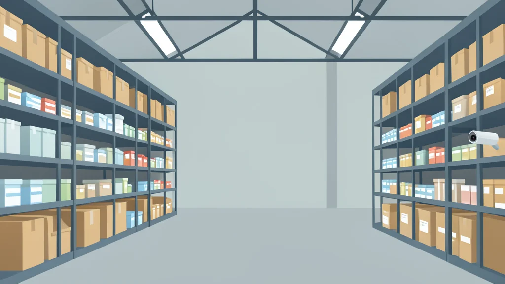 A large, open warehouse-style retail store interior with tall shelving units stocked with home improvement supplies and a smart security camera on a shelf