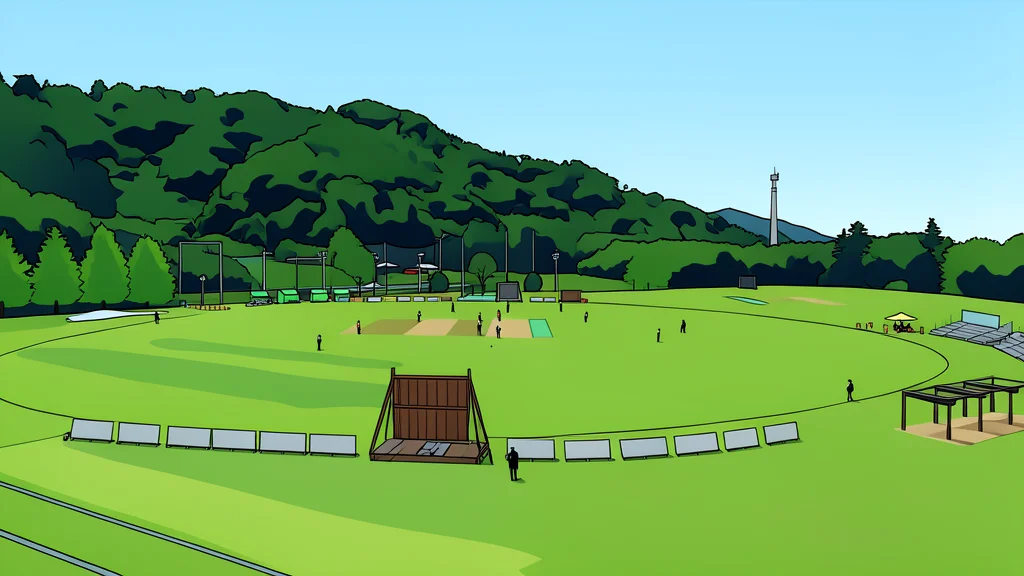 A cricket pitch with white boundary lines and a wicket at one end, surrounded by green grass.