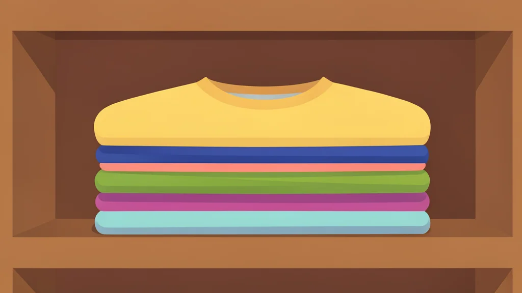 A neatly folded stack of colorful cotton t-shirts on a wooden retail shelf