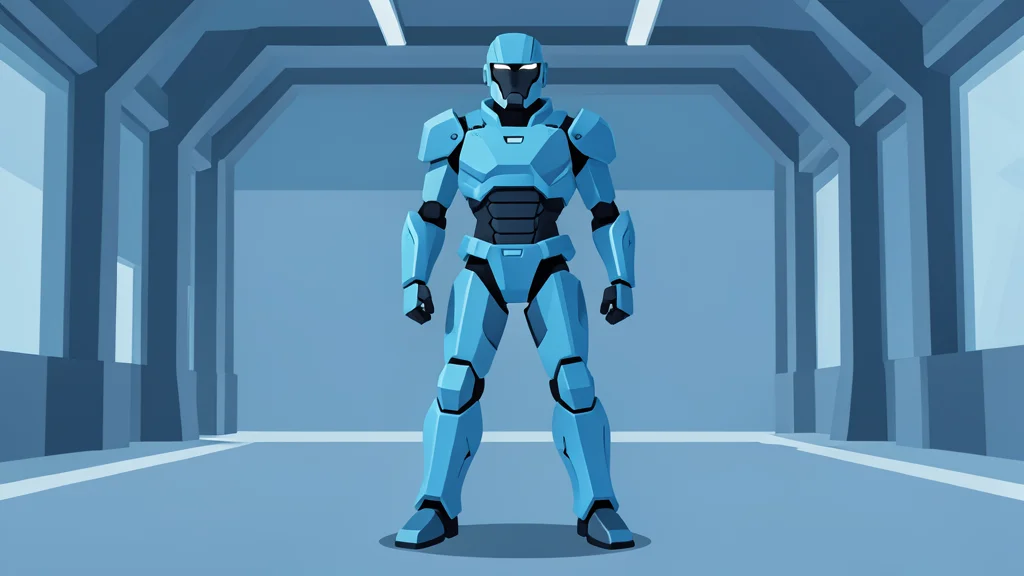 A futuristic armored suit standing in a hangar bay