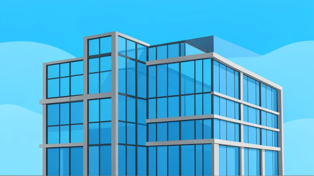 A modern glass office building facade reflecting a clear blue sky