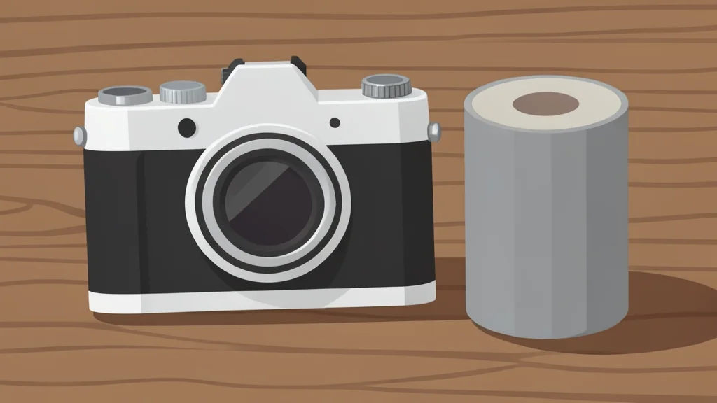A vintage film camera resting on a wooden table next to a roll of film