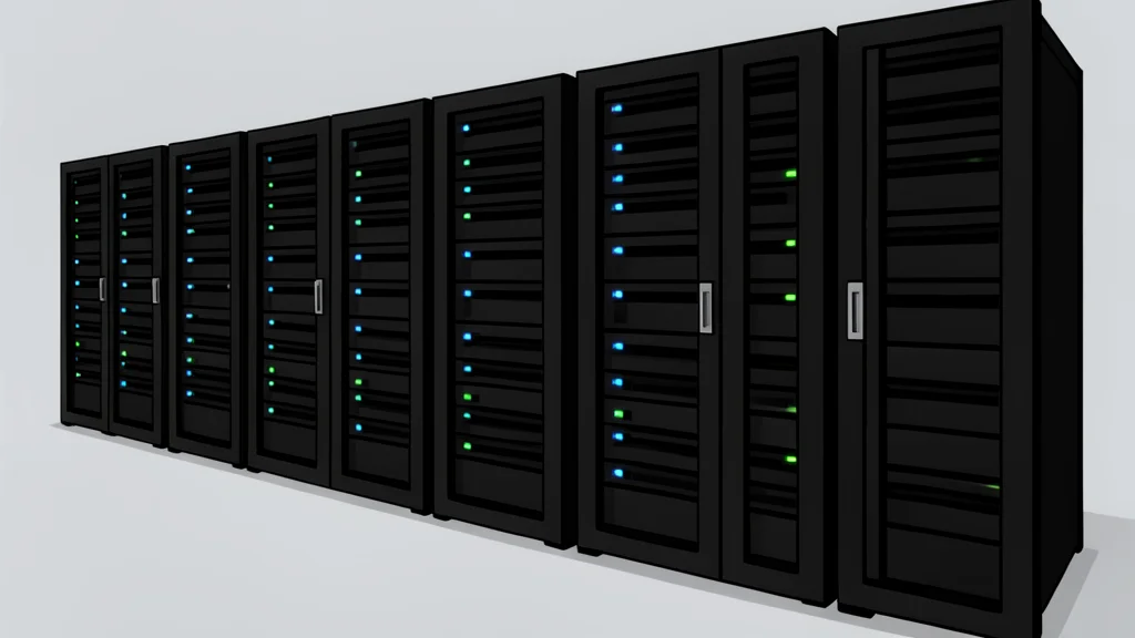 A modern server room with rows of black racks and blinking status lights