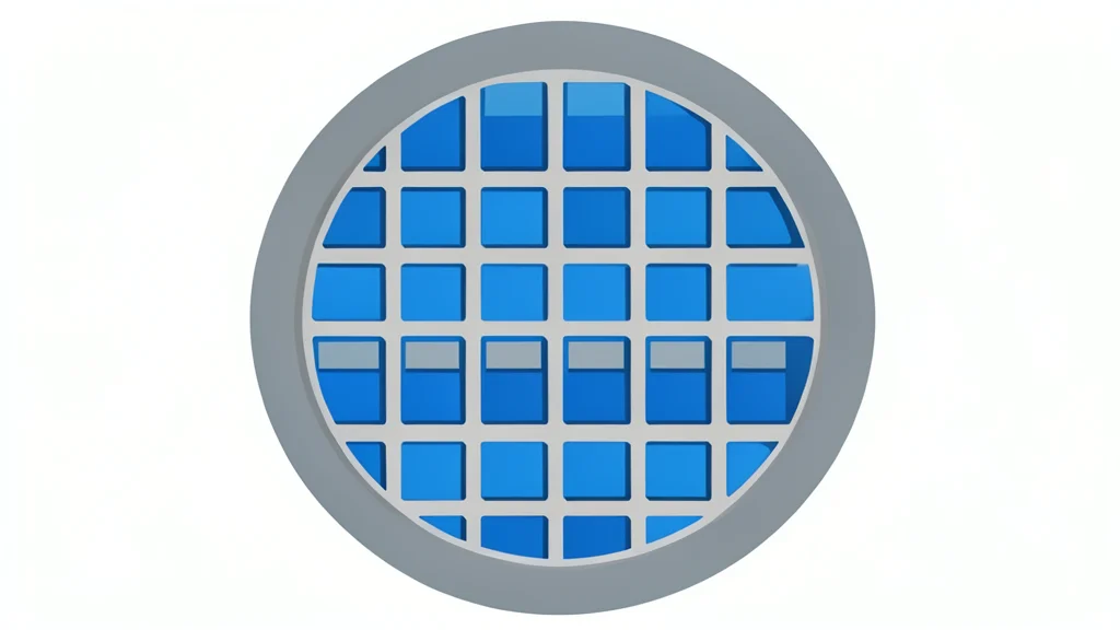 A close-up view of a silicon wafer with a grid of square chips