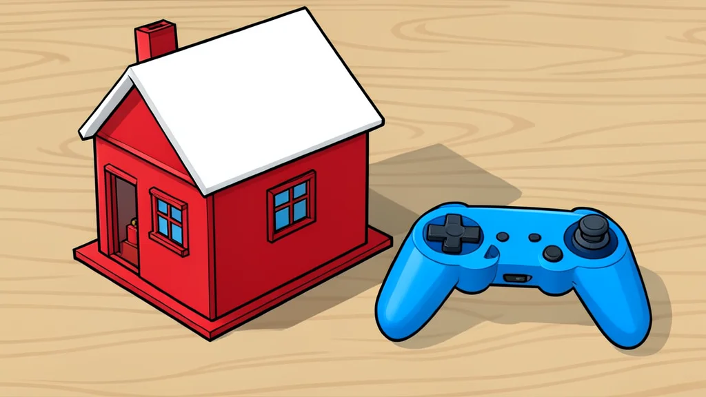 A colorful plastic toy house and a handheld game controller resting on a wooden table