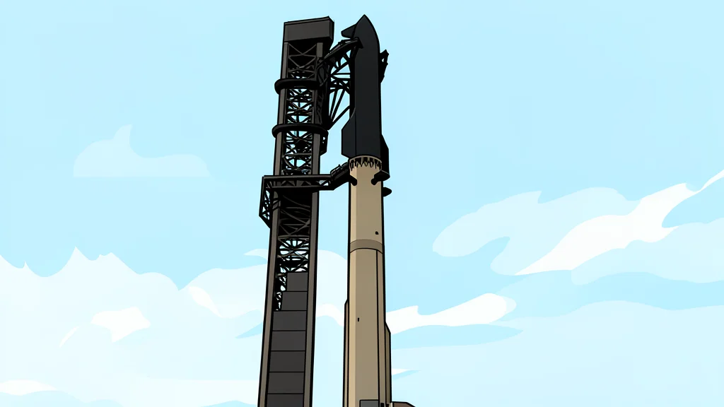 A large cylindrical rocket stage standing vertically on a launch pad against a clear sky
