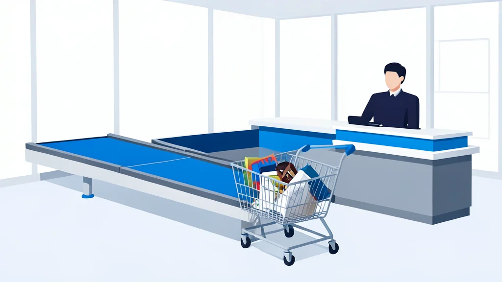 A modern supermarket checkout counter with a conveyor belt and a shopping cart