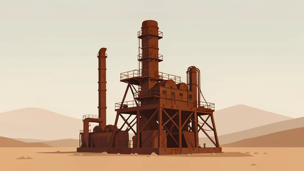 A rusted industrial oil refinery structure standing in a dry, dusty landscape under a hazy sky