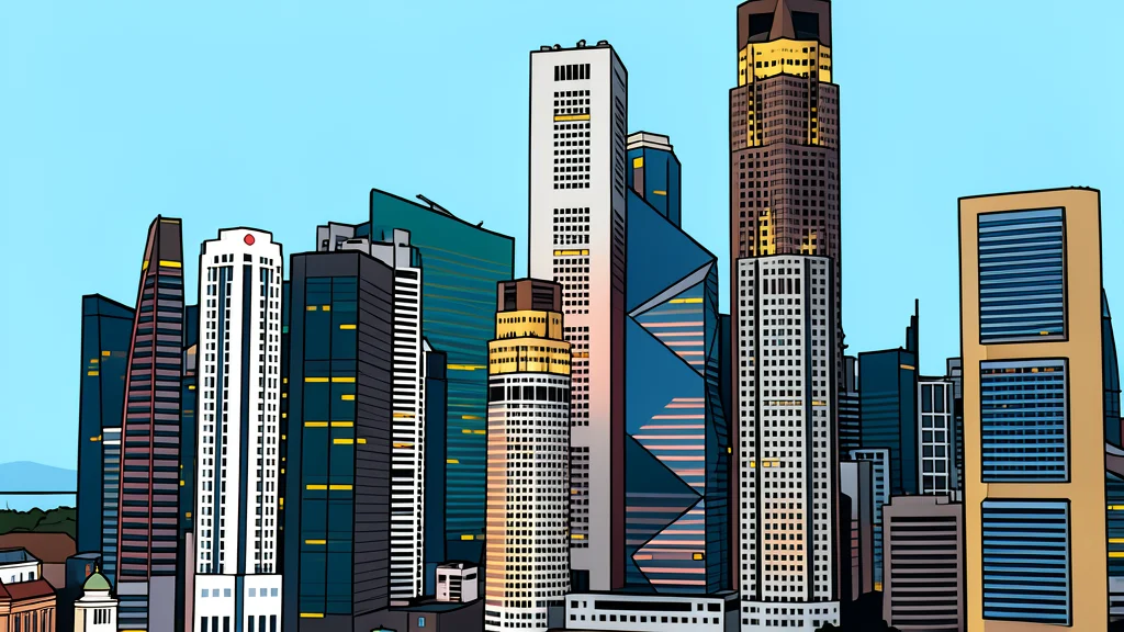 A modern financial district skyline with glass skyscrapers reflecting a clear blue sky