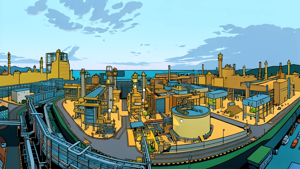 A large industrial refinery complex with tall distillation towers and interconnected pipes against a clear sky