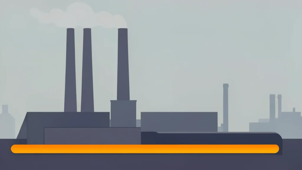 A large industrial smelter facility with tall smokestacks and molten metal flowing in a channel