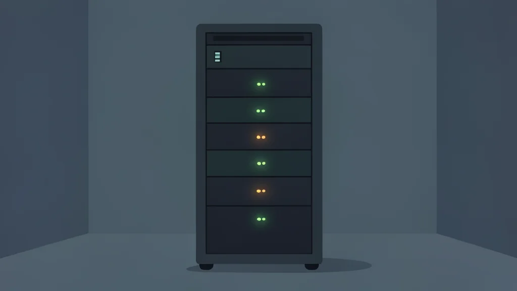 A server rack with blinking status lights in a dimly lit room