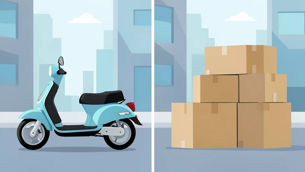 A split view of a modern city street with a delivery scooter on one side and a stack of cardboard shipping boxes on the other