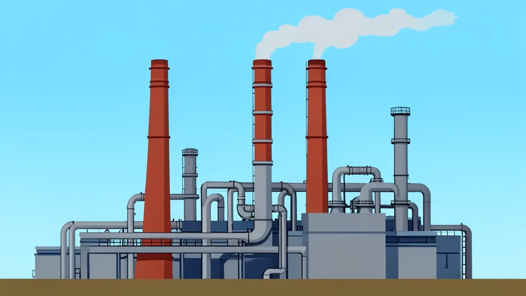 A large industrial oil refinery with tall smokestacks and complex piping against a clear sky