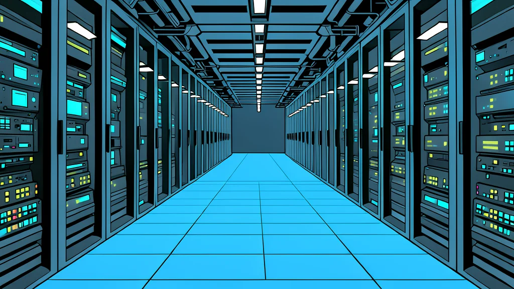 A modern server room with rows of black server racks and glowing blue status lights