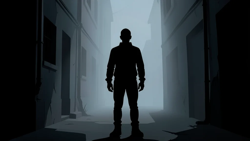 A dark, shadowy silhouette of a figure standing in a foggy alleyway